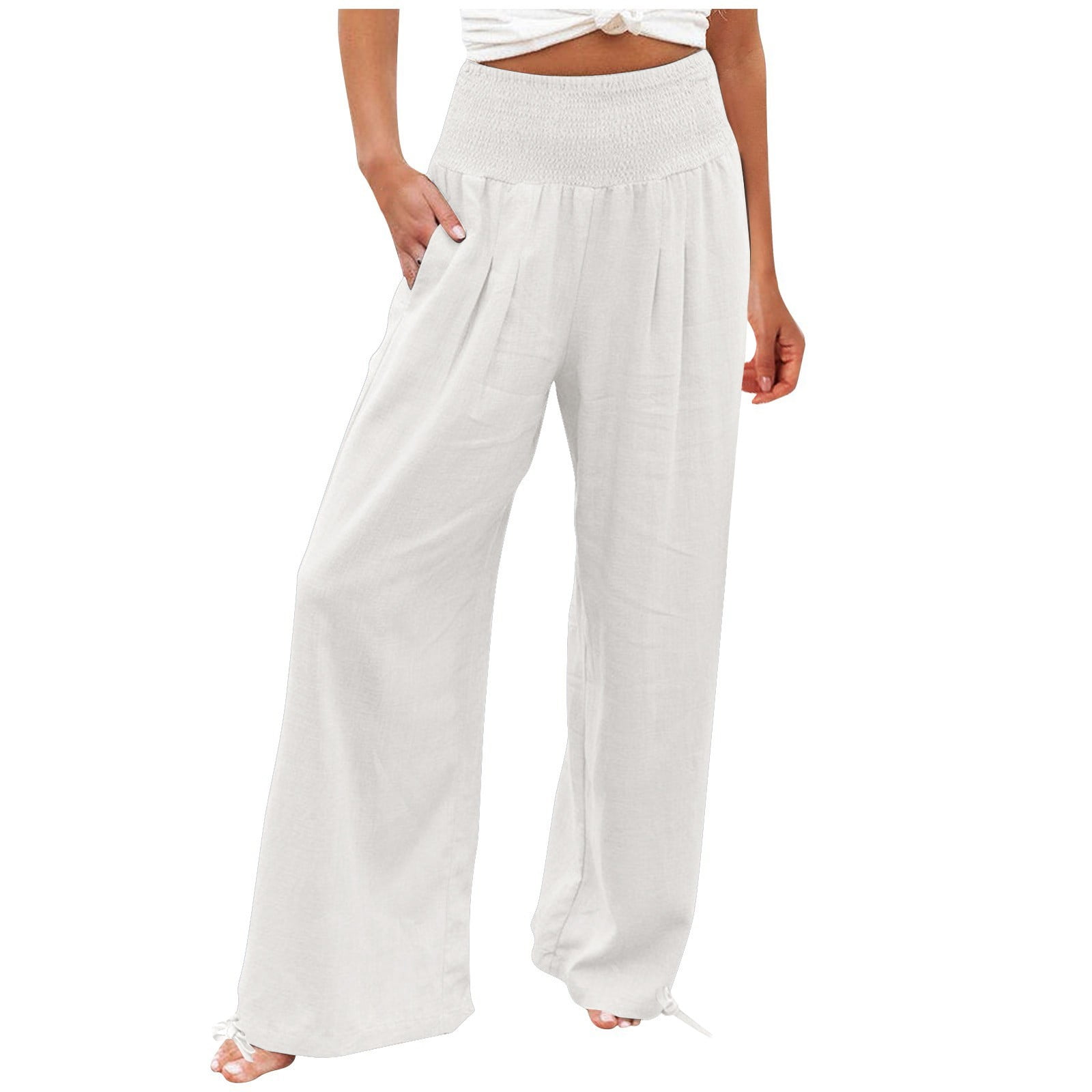 Dorkasm Linen Pants for Women White Flowy Wide Leg High Waisted Palazzo Beach Pants Summer White L Walmart