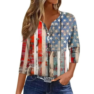 Dorkasm Patriotic Top Women Button Down USA Flag Henley Scrub 3/4 Sleeve 2025 Scrub Tops with Pockets Dark Blue 2XL