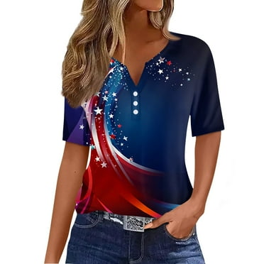 Dorkasm Patriotic Tops for Women Button Down Short Sleeve Henley Scrub USA Flag 2025 Scrub Tops with Pockets Blue 2XL