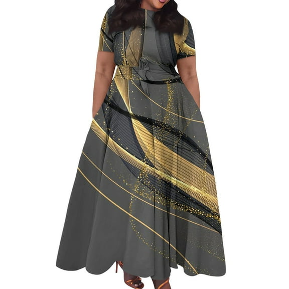 Dorkasm Plus Size Formal Dresses for Curvy Women 3/4 Sleeve A-Line Flowy Printing Maxi Dress Pockets Dark Gray 3XL