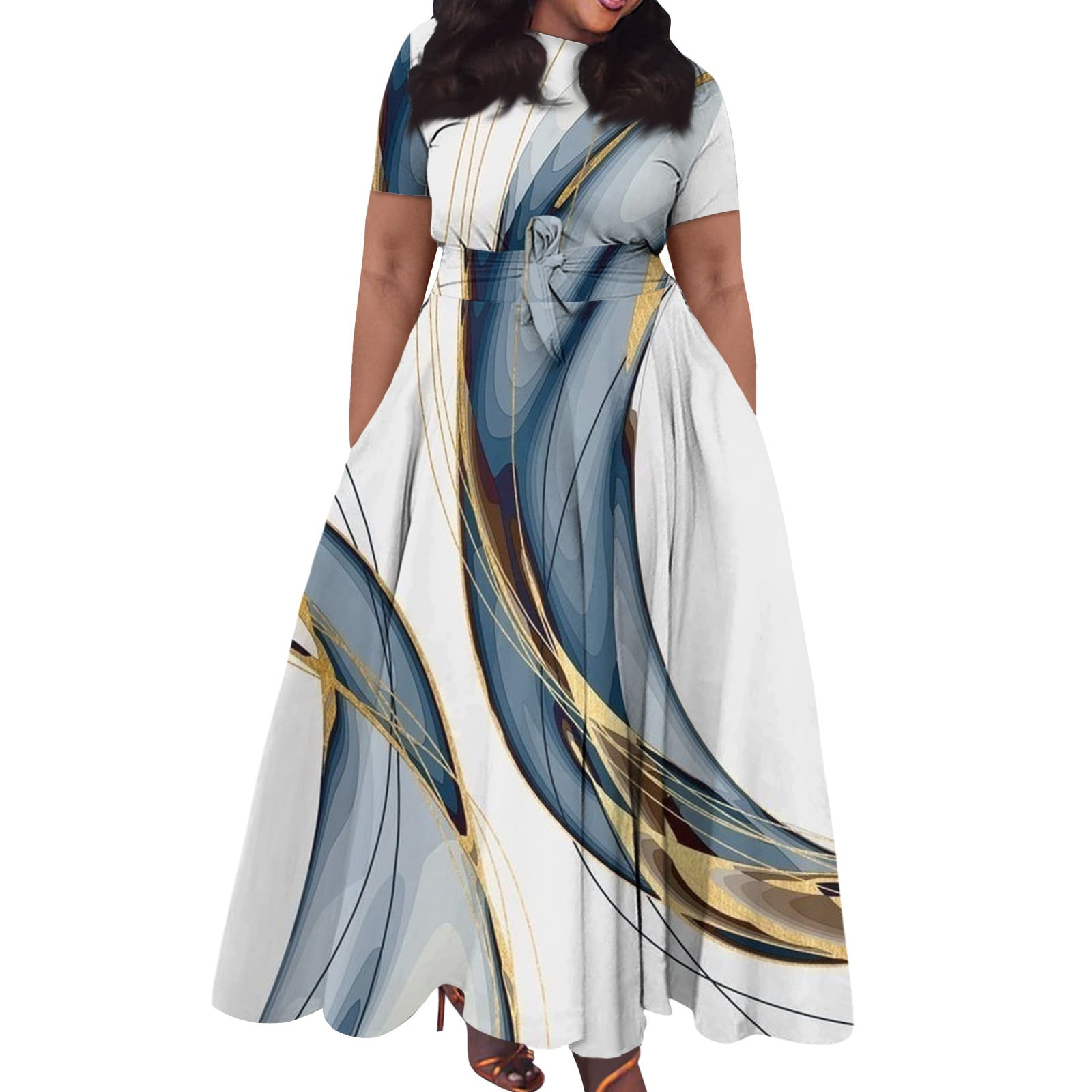 Dorkasm Plus Size Formal Dresses for Curvy Women 3/4 Sleeve A-Line Flowy Printing Maxi Dress Pockets Gold 3XL