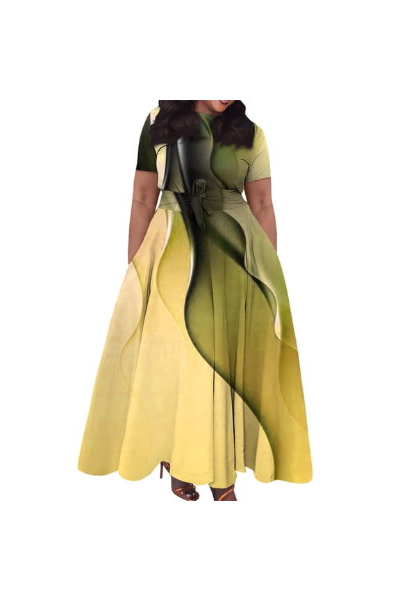 Plus Size Formal Dresses for Curvy Women 3/4 Sleeve A-Line Flowy Printing Maxi Dress Pockets Yellow 5XL