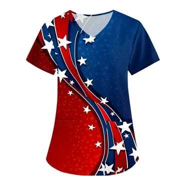 Dorkasm Red White and Blue Scrub Tops Women 2025 V-Neck Short Sleeve Scrubs USA Flag Funny Scrub Tops with Pockets Cyan XL