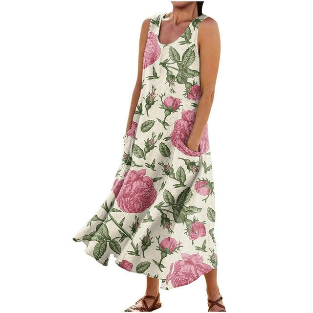 Dorkasm Summer Dresses 2024 Sleeveless Print Maxi Dress with Round Neck ...