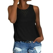Dorkasm Tank Tops Women Lace Hallow Out Sleeveless Crew Neck Womans Shirts Solid Color Trendy Summer Women Blouse Black M