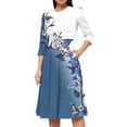 thumbnail image 1 of Dorkasm Vintage Midi Dresses for Women Modest 3/4 Sleeve Crew Neck Wrap Dress A Line Pleated Wedding Guest Dress with Pockets Blue L, 1 of 6