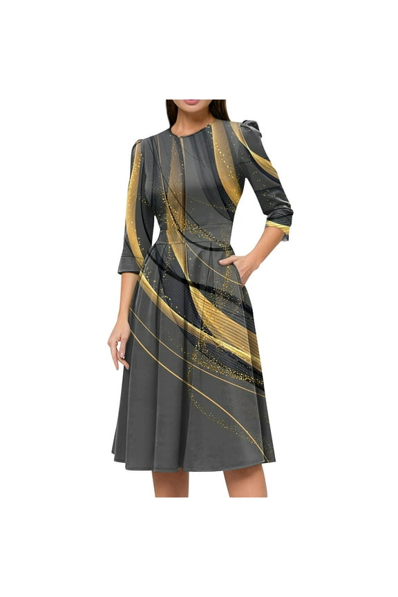 Vintage Midi Dresses for Women Modest 3/4 Sleeve Crew Neck Wrap Dress A Line Pleated Wedding Guest Dress with Pockets Dark Gray S