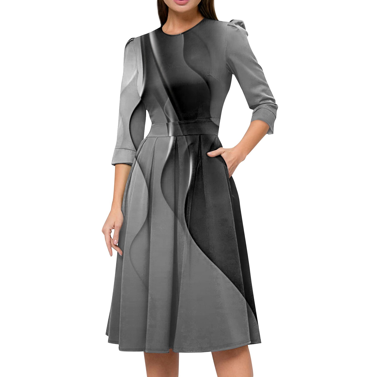 knee length dresses for ladies Floral-Print Wedding-Guest Dress with Short Sleeves– PromGirl