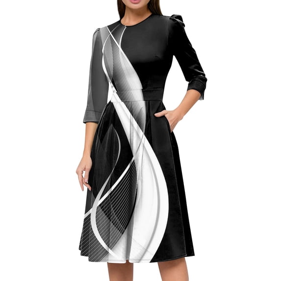 Dorkasm Vintage Midi Dresses for Women Modest 3/4 Sleeve Crew Neck Wrap Dress A Line Pleated Wedding Guest Dress with Pockets White S