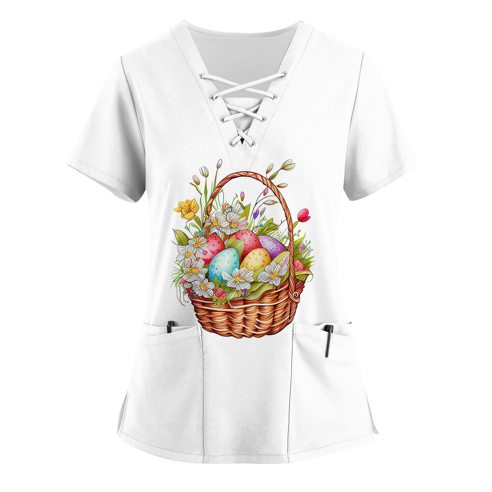 Dorkasm Women Easter Scrubs Top Egg Bunny Short Sleeve Scrubs V Neck