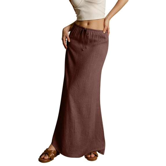 Dorkasm Women's 100% Linen Drawstring A-Line Midi Skirt for Casual Summer Spring Brown M