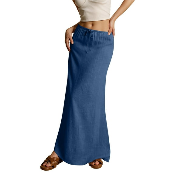Dorkasm Women's 100% Linen Drawstring A-Line Midi Skirt for Casual Summer Spring Dark Blue 2XL