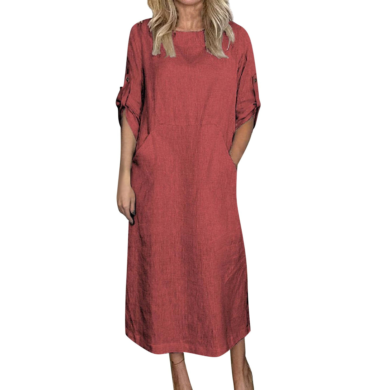 Dorkasm Women's Loose Cotton Linen Dress RollUp 3/4 Sleeve Crewneck