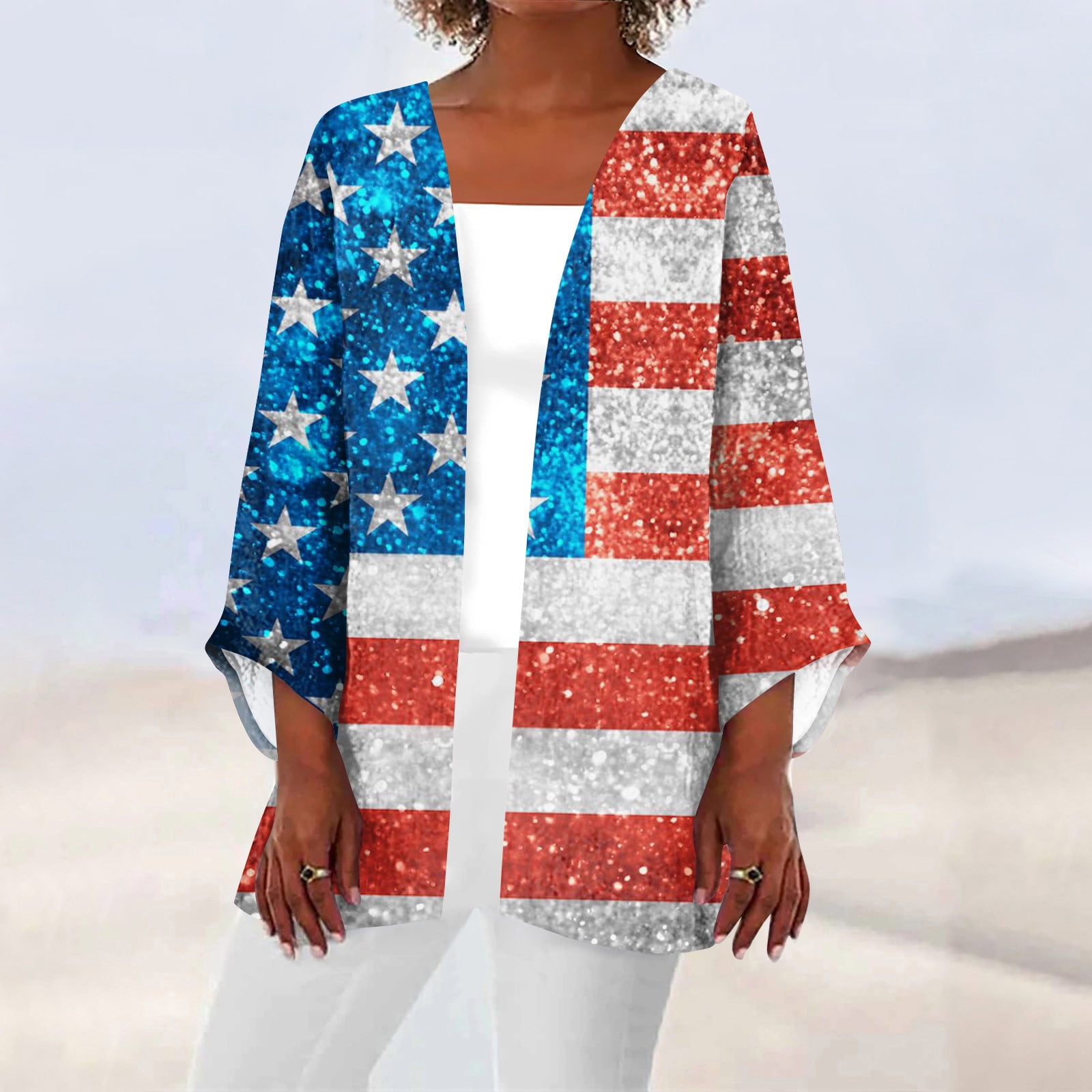 Dorkasm Womens 4th of July Clothes 3/4 Sleeve Open Front Lightweight