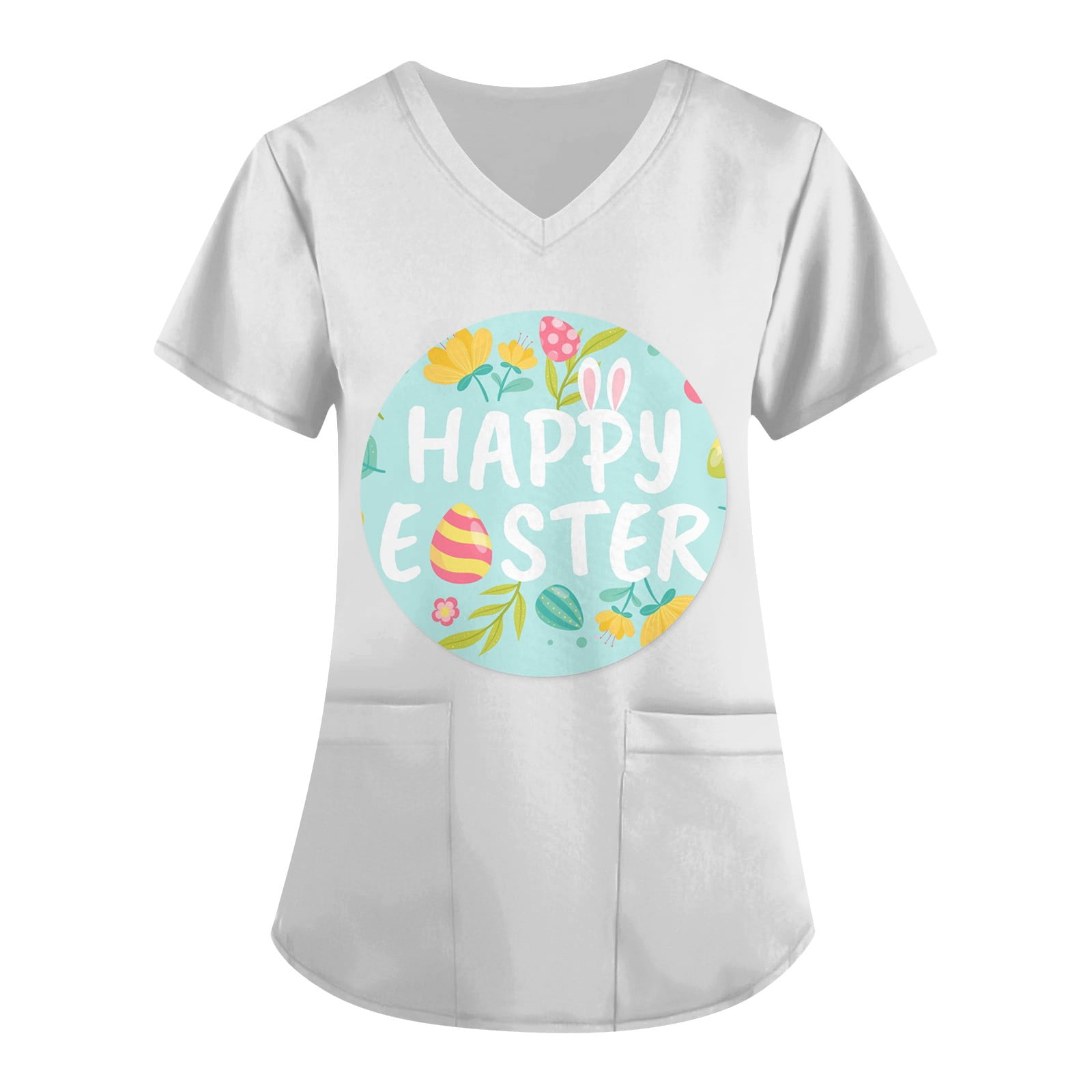 Dorkasm Womens Easter Scrub Tops Rabbit Egg V Neck Plus Size Scrubs