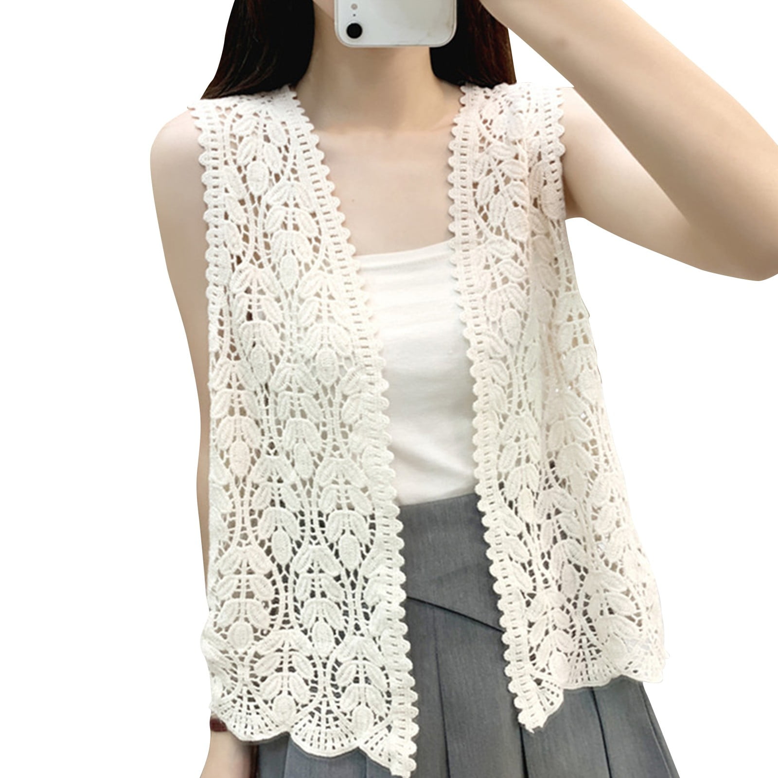 Dorkasm Womens Floral Crochet Lace Boho Trim Sleeveless Open Front
