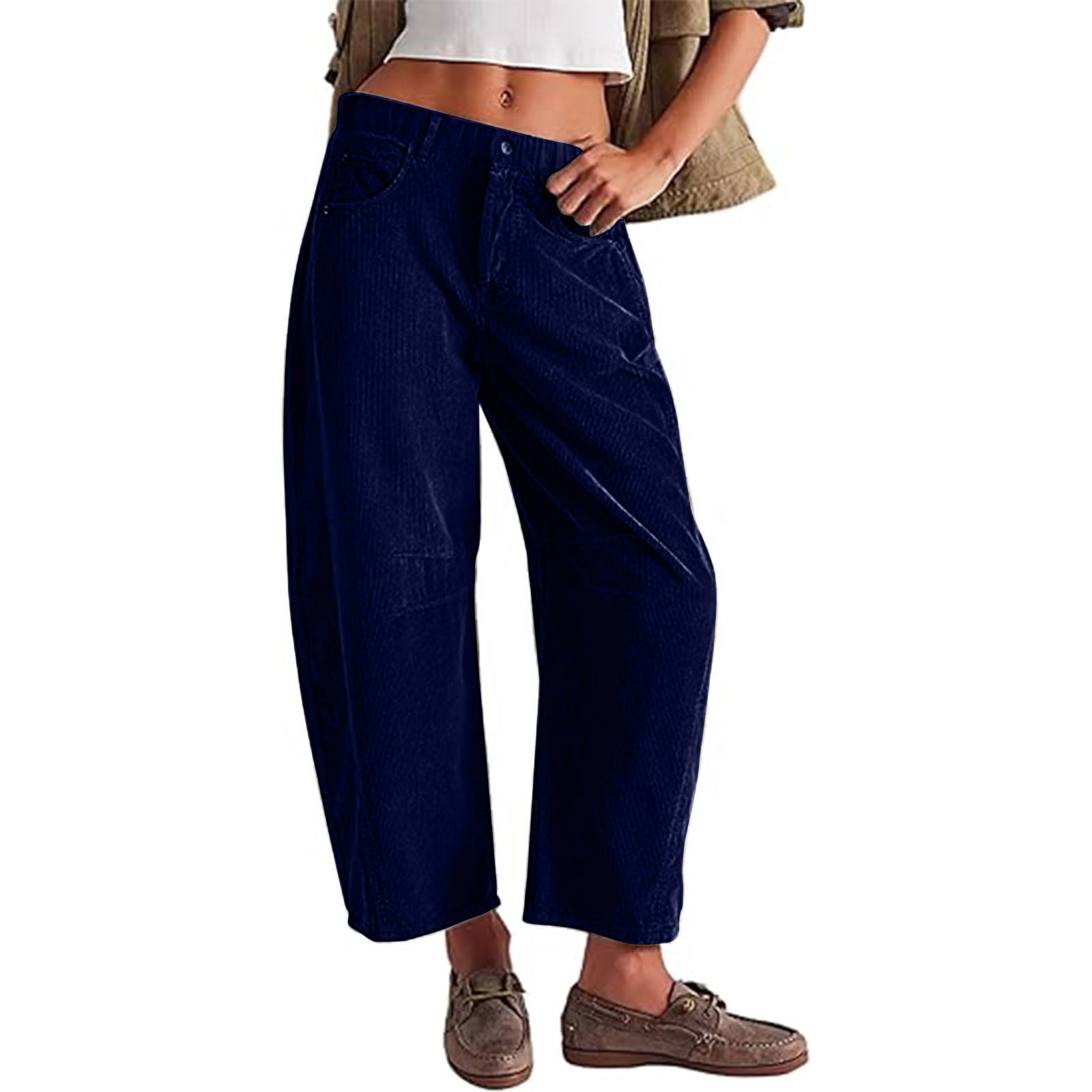 Women's Corduroy Wide Leg Pants - Mid Rise Barrel Jeans With Elastic Waist