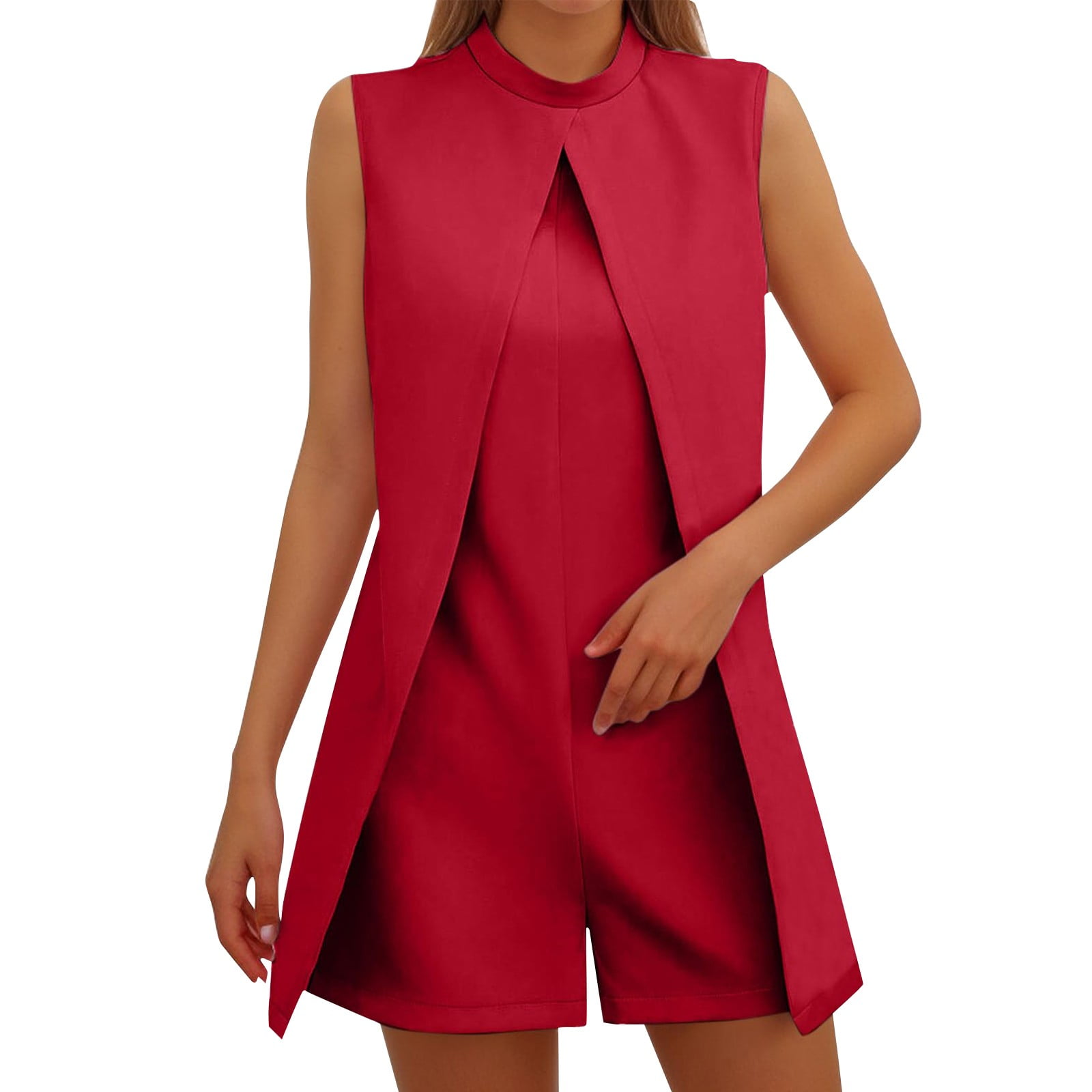Dorkasm Womens Semi Formal Romper Shorts Mock Turtle Neck Jumper Soft Sleeveless Jumpsuit Wedding Guest Elegant Jumpsuits Red XL Walmart