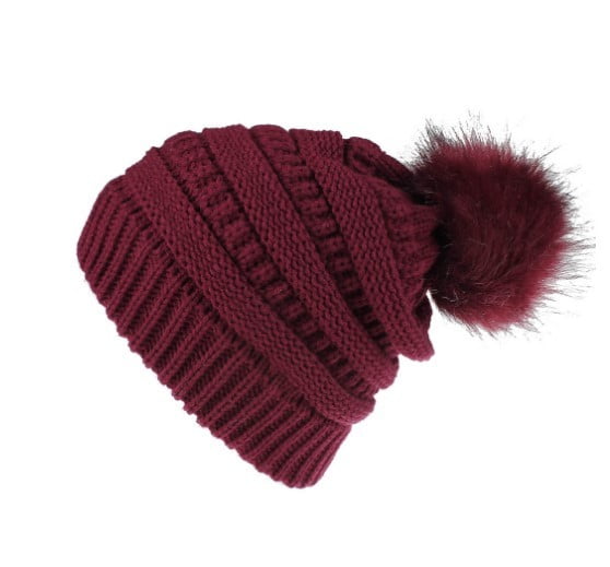Dorkasm Womens Ski Faux Fur Pom Pom Beanie Hat Lightweight Warm Crochet  Chunky Winter Ribbed Cool Skull Cap for Teens Thermal Cable Knit Adult Wine