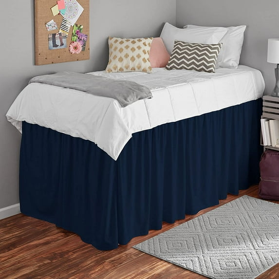 Dorm Bed Skirt - Extra Long College Dorm Bed Skirt 30" Drop - 100% Microfiber Ruffled Dorm Sized (39" x 80") College Bed Skirts, Elastic Bed Skirt for Easy Fitting - Navy Blue Solid, Twin-XL Size.