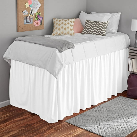 Dorm Bed Skirt - Extra Long College Dorm Bed Skirt 32" Drop - 100% Microfiber Ruffled Dorm Sized (39" x 80") College Bed Skirts, Elastic Bed Skirt for Easy Fitting - White Solid, Twin-XL Size.