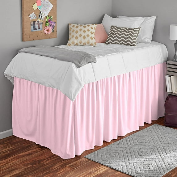 Dorm Bed Skirt - 34" Drop - 100% Microfiber Ruffled Dorm Sized (39" x 80") Bed Skirts, Elastic Bed Skirt for Easy Fitting - Pink Solid, Twin-XL Size.