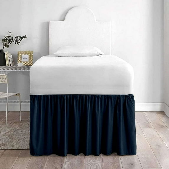 Dorm Bed Skirt - Microfiber College Bed Skirt with Panel Ties Navy Blue Solid, 46" Drop Twin XL Size