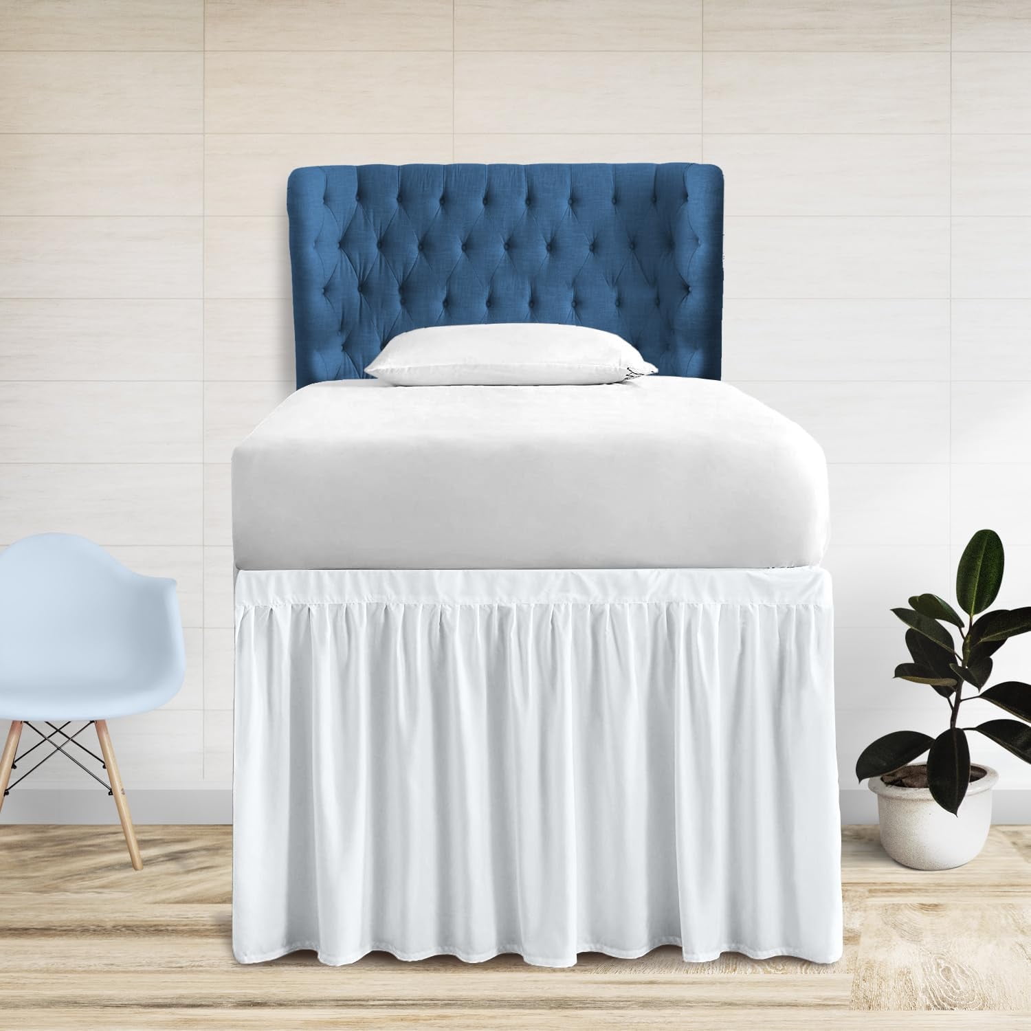 Dorm Bed Skirt Twin XL 44" Drop, College Dorm Room Bed Skirts Easy to Put On Twin XL Size Dust Ruffle Dorm Sized Bed Skirts, 600TC Egyptian Cotton Bed Skirt, (White, Twin-XL - 44" Drop)