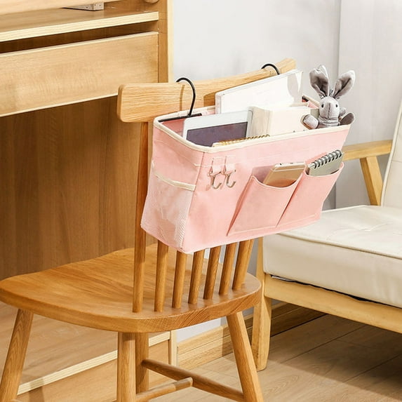 Dorm Bedside Caddy | Hanging Storage Organizer for Bunk Beds & College Students | 1 Large & 2 Small Pockets with Hooks | Blue, Pink, or Green Fabric Basket