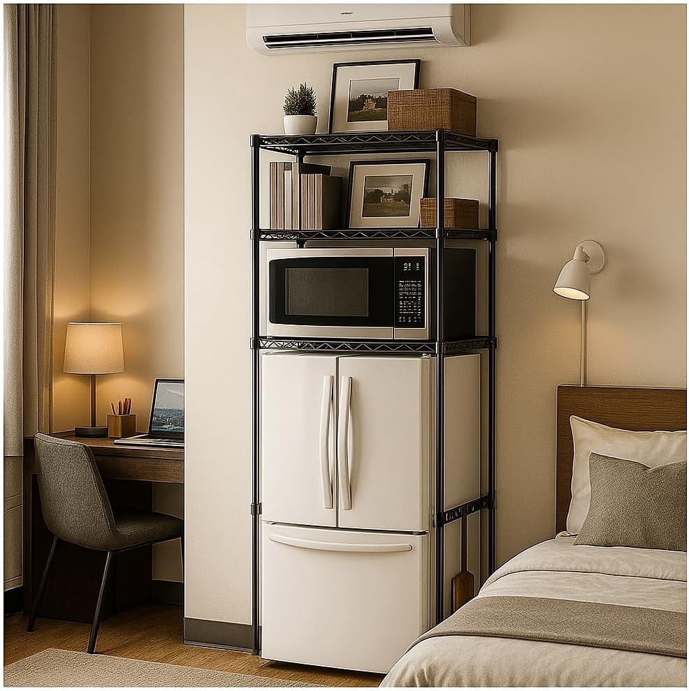 Dorm Mini Fridge Stand with Storage, Over Fridge Shelf for Microwave, Multi-Functional, Black