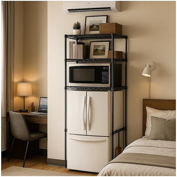 Dorm Mini Fridge Stand with Storage, Over Fridge Shelf for Microwave, Multi-Functional, Black