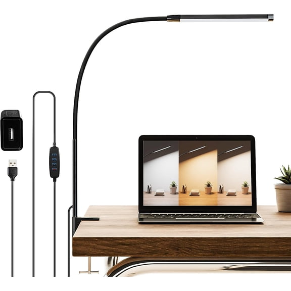 Dorm Room Essential Desk Lamp with Clamp | 3 Colors 10 Brightness | Eye-Caring | Flexible Gooseneck | Included USB Adapter | for Dorm Home Office/Study | Reading, Drafting, Nail Art, Puzzle