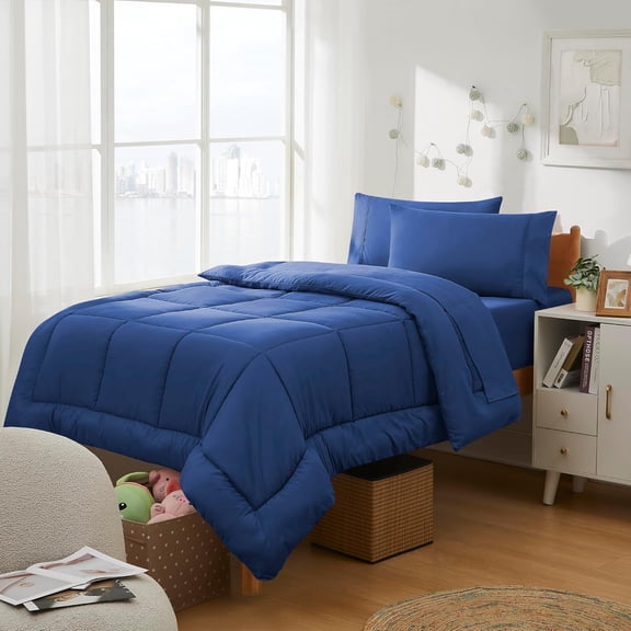 Dorm Room Essentials College Bedding Comforter Set 5 Piece Twin Size Bed in a Bag for College Students Boys and Girls, Twin, Royal Blue