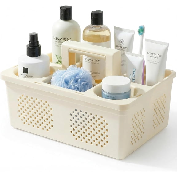 Dorm Room Portable Shower Caddy with Adjustable Compartments - Ventilated Drainage Design with Handles, Perfect Toiletries Organizer for College Dorms-beige