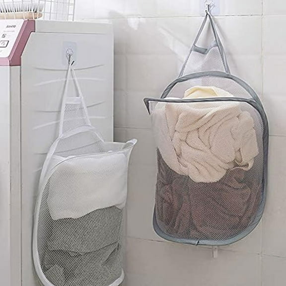 Dorm Room and Hotel Use: White Mesh Collapsible Wall Laundry Basket, 1-Pack Hanging Hamper