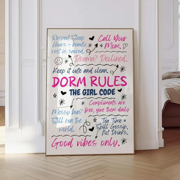 Dorm Rules Decor Dorm Room Sign Navy Blue Pink Preppy Print Poster Retro Trendy Wall Art Aesthetic Dorm Decor Gift Bedroom Wall Art Quote Print Poster, Size 12x18 UNFFRAMED F03.1.6l943