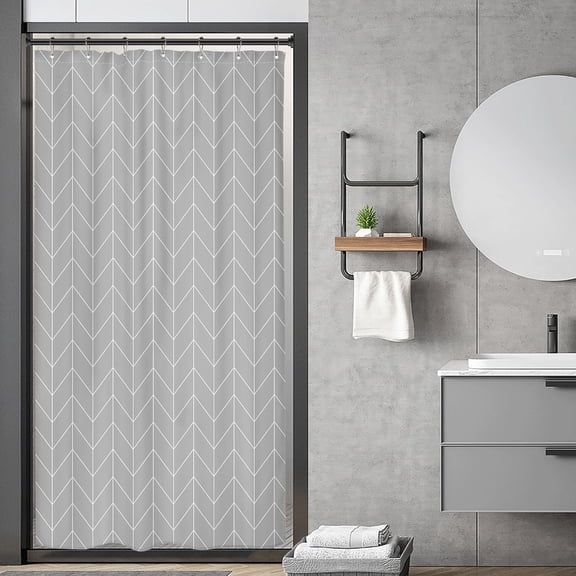 Dorm Small Stall Gray Grey Fabric Shower Curtain Liner for Bathroom RV Half Size Stand Up 36x72 Inches Wide Single Narrow Chevron Herringbone Geometric Tiny Walkin Polyester Bathroom