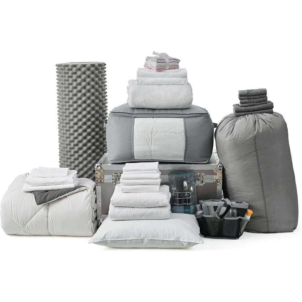 Twin XL Off-White and Gray Microfiber Bed in a Bag Set