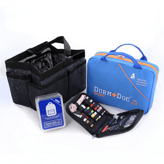 DormDoc Off to College Bundle-Sport Pack 125 piece Medical Kit-MeshTote- MiniTin25pc- Sewing Kit