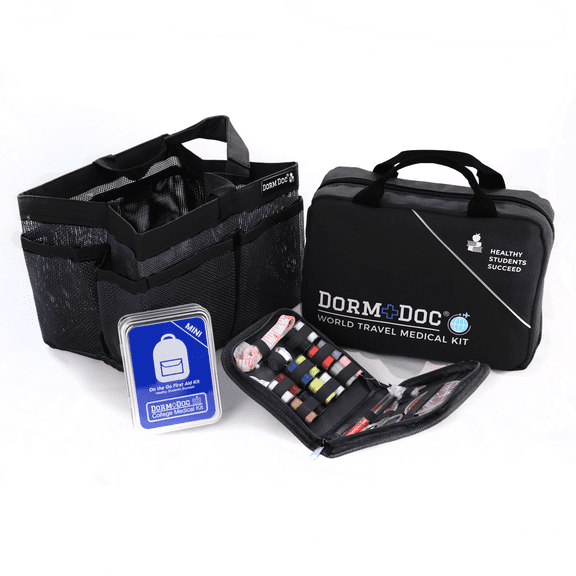 DormDoc 4 Piece Off to College Bundle World Travel 200pc, Mini Tin 25 pc first aid, Compact Sewing Kit, Mesh Shower Tote