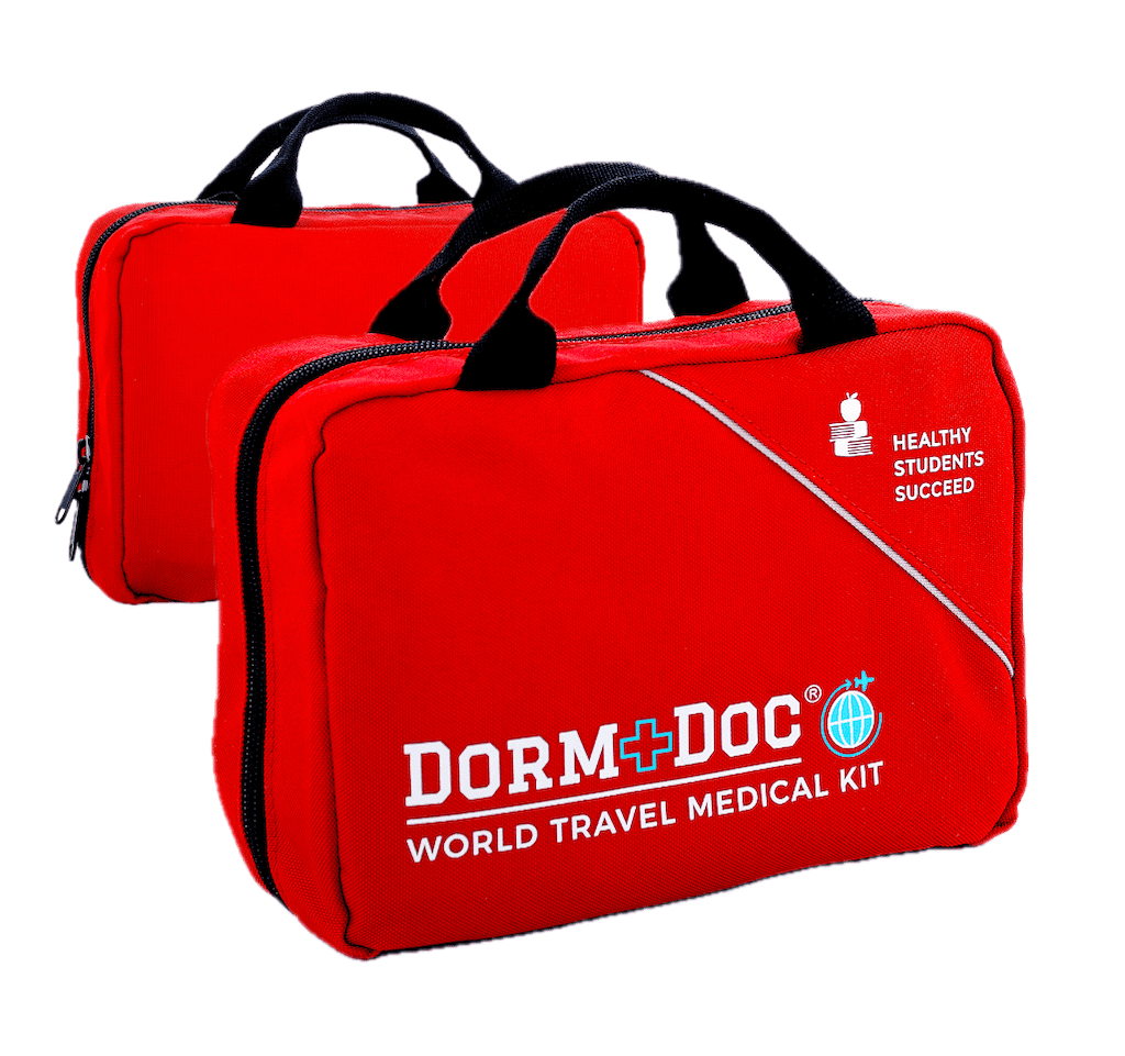 DormDoc World Travel 200 Piece Emergency First Aid Kit for College Students - Dorm Room Foreign Study Kit with OTC Medicines and Bandages for School, Sports, Vehicle and Travel (Red)