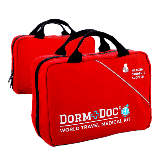 DormDoc World Travel 200 Piece Emergency First Aid Kit for College Students - Dorm Room Foreign Study Kit with OTC Medicines and Bandages for School, Sports, Vehicle and Travel (Red)