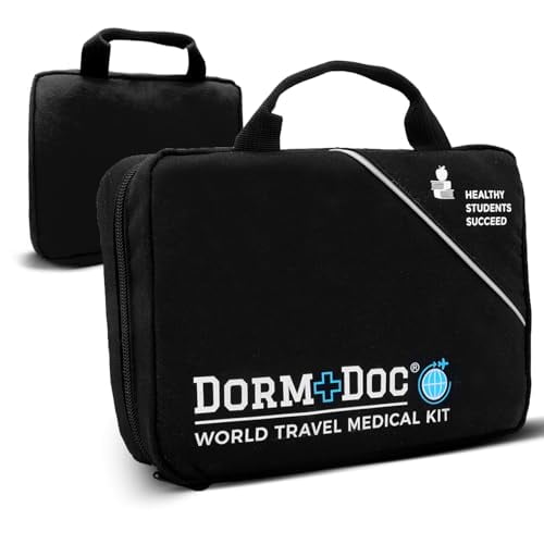 World Travel 200 Piece Emergency First Aid Kit for College Students - Dorm Room Foreign Study Kit with OTC Medicines and Bandages for School, Sports, Vehicle and Travel (Black)