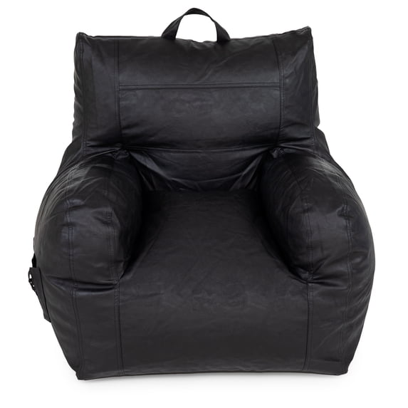 Big Joe Dorm Bean Bag Chair with Drink Holder and Pocket for Teens and Kids, Black Vegan Leather, 3 foot Gaming and Reading Nook Seat, Refillable