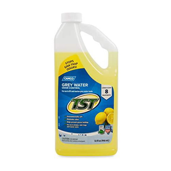 Dorman Camco TST Lemon Scent RV Grey Water Odor Control, Stops Sink Trap Odors, for Use In Drains, Sink Traps and Waste Vents, Treats up to 8 - 40 Gallon Holding Tanks (32 Ounce Bottle) - 40252