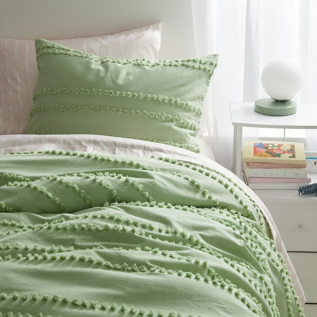 Dormify Pom Pom Smoke Green Comforter, Sage Green, Twin/Twin XL, Dorm