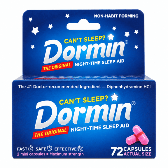 Dormin Night-Time Sleep Aid, Diphenhydramine HCl 25 mg, 72 Capsules