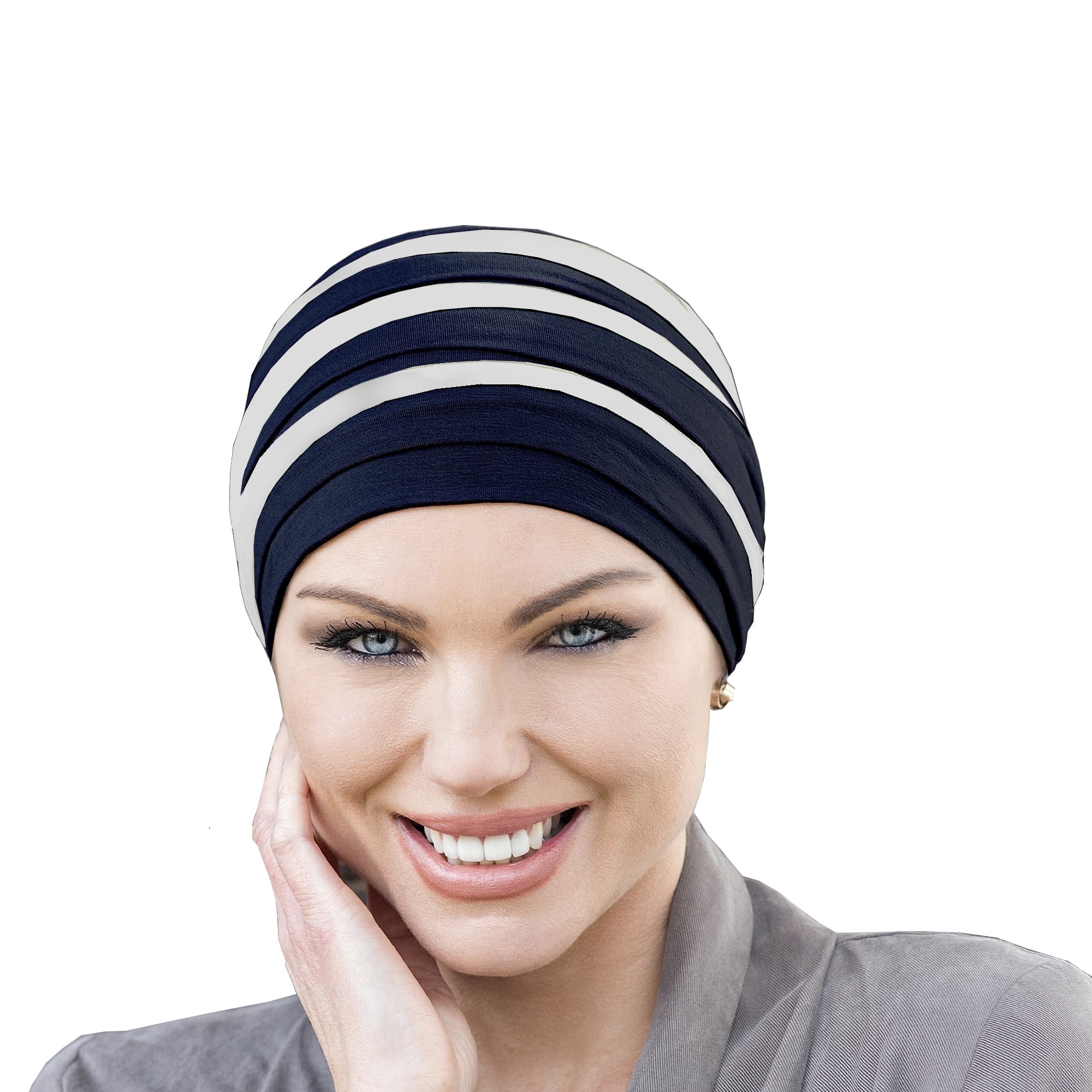 Dorna Bamboo Cozy Chemo headwear Hat for Women with Hair Loss, Hats for Cancer Patients, Soft Chemo Cap (Navy & White)