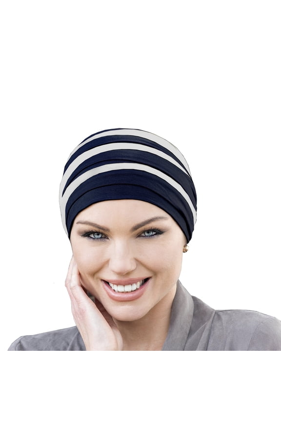 Dorna Bamboo Cozy Chemo headwear Hat for Women with Hair Loss, Hats for Cancer Patients, Soft Chemo Cap (Navy & White)