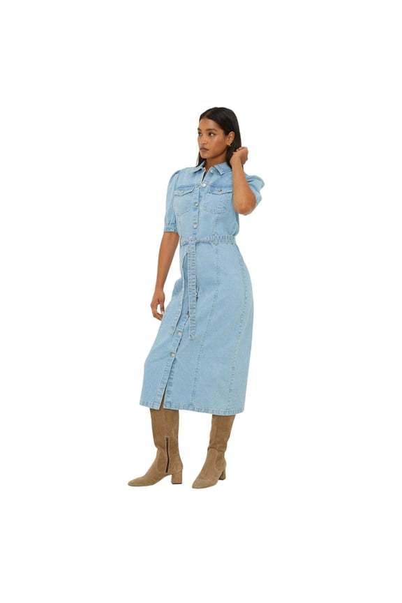 Womens Denim Belt Midi Shirt Dress